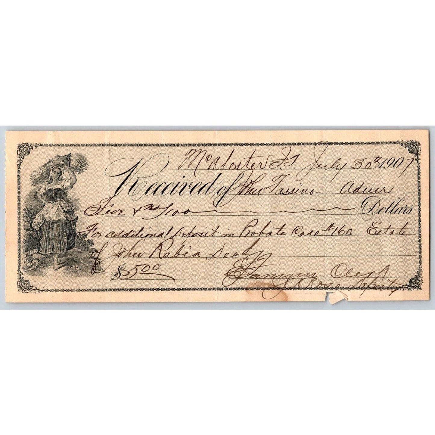 McAlester, Oklahoma 1907 Territorial Receipt re: Probate Case