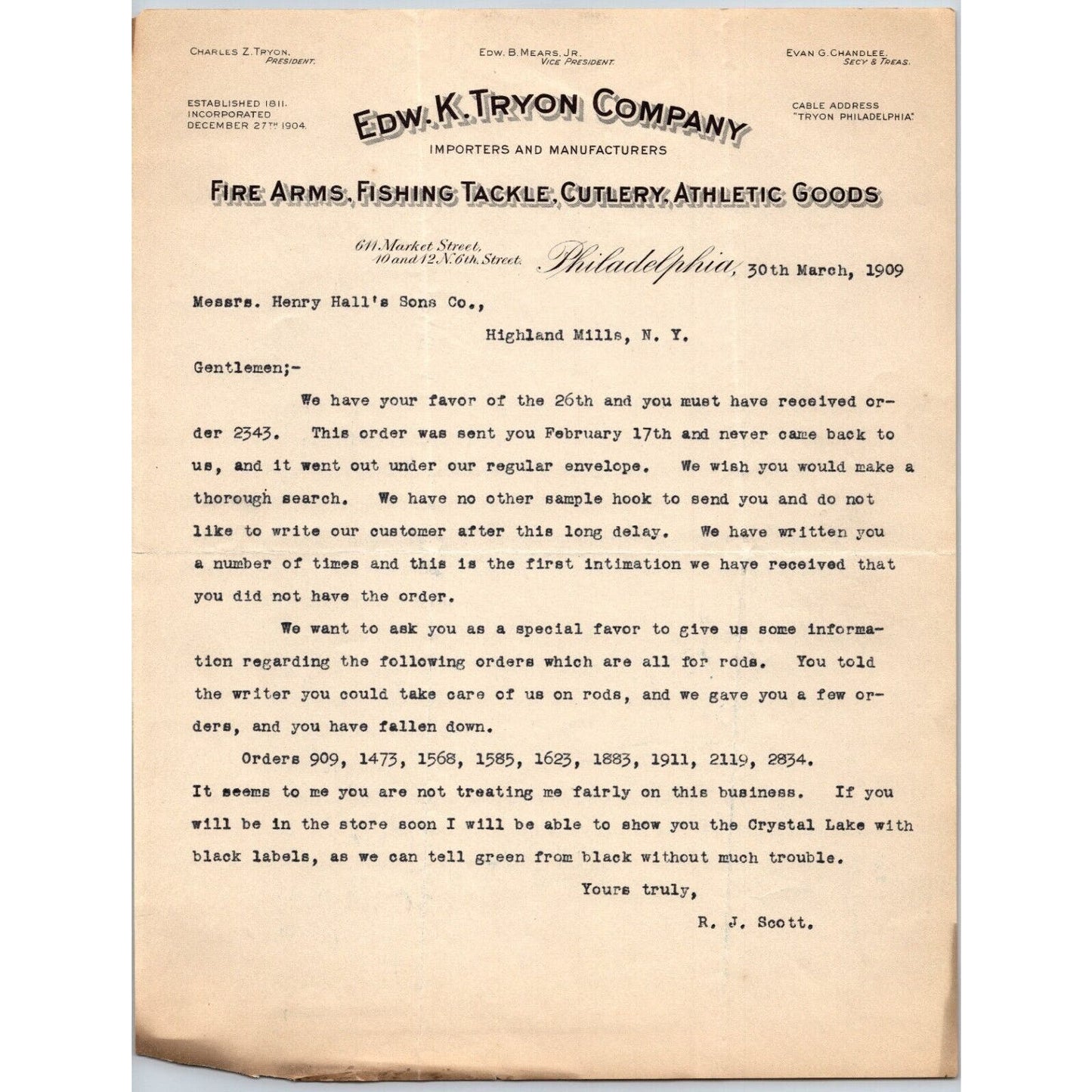 Philadelphia 1909 Edw. K. Tryon Jr. & Co. - Fire Arms / Tackle Letterhead