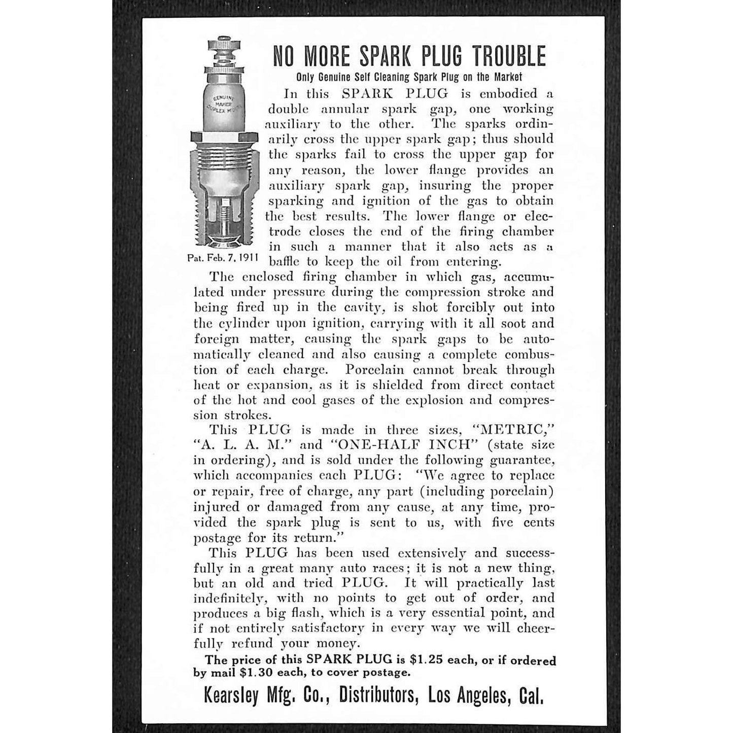 Kearsley Manufacturing Co. Spark Plugs Los Angeles Auto Scarce - 4 Sales Sheets