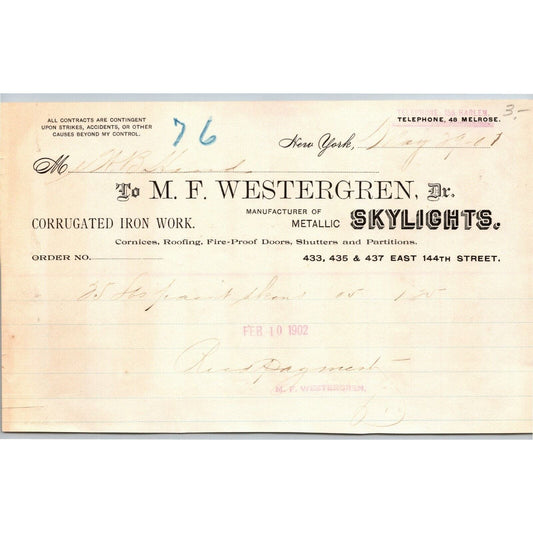 1902 NY, NY Letterhead M.F. Westergren Corrugated Iron Work Metallic Skylights