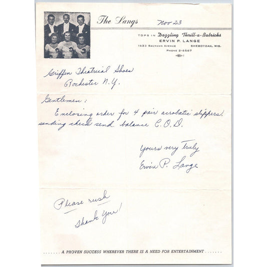 "The Langs" "Thrill-a-Batricks" Circus Letterhead c1950-55 Lange Signed Scarce
