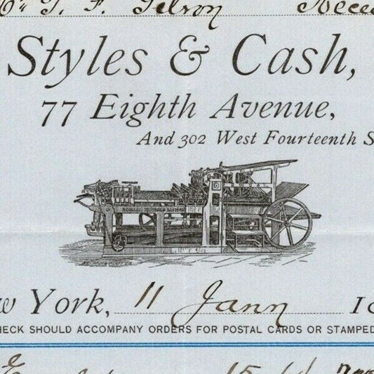 1888 Styles & Cash Steam Printers Stationers Billhead Letterhead 77 8th Ave NYC