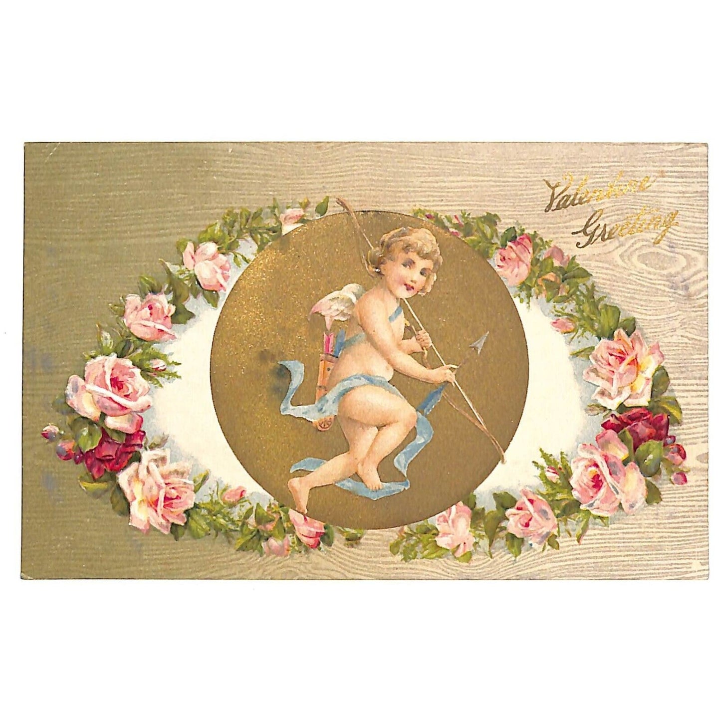 Valentine's Day Postcard Embossed Cupid w/ Bow & Arrow Floral NP c1915