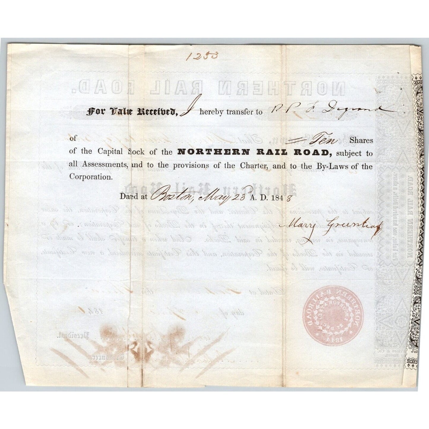 1846 Boston, MA Northern Railroad Stock Certificate LOW No. 21 for 10 Shares