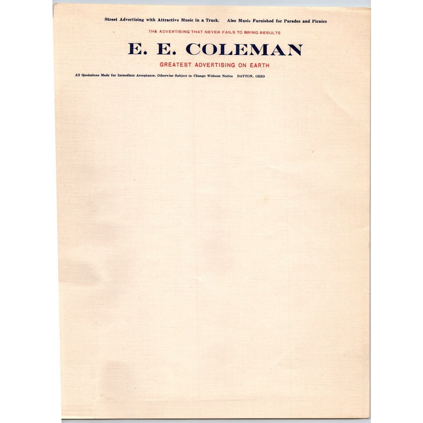 E.E. Coleman's (Circus) Letterhead c1931 Music Truck Advertising Dayton, OH