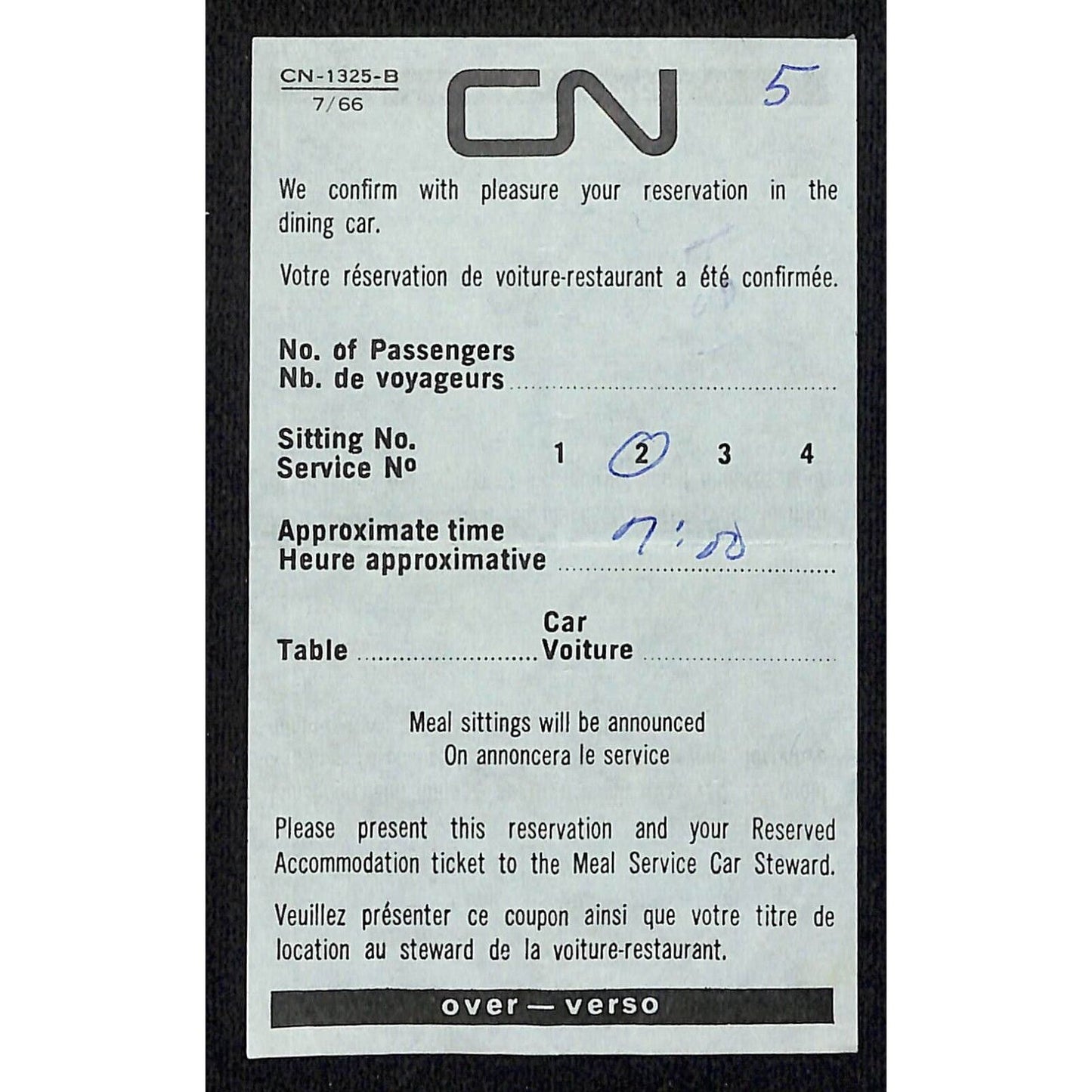 Canadian National Railway / Railroad c1966 Dining Car Reservation Slip