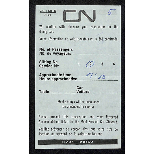 Canadian National Railway / Railroad c1966 Dining Car Reservation Slip