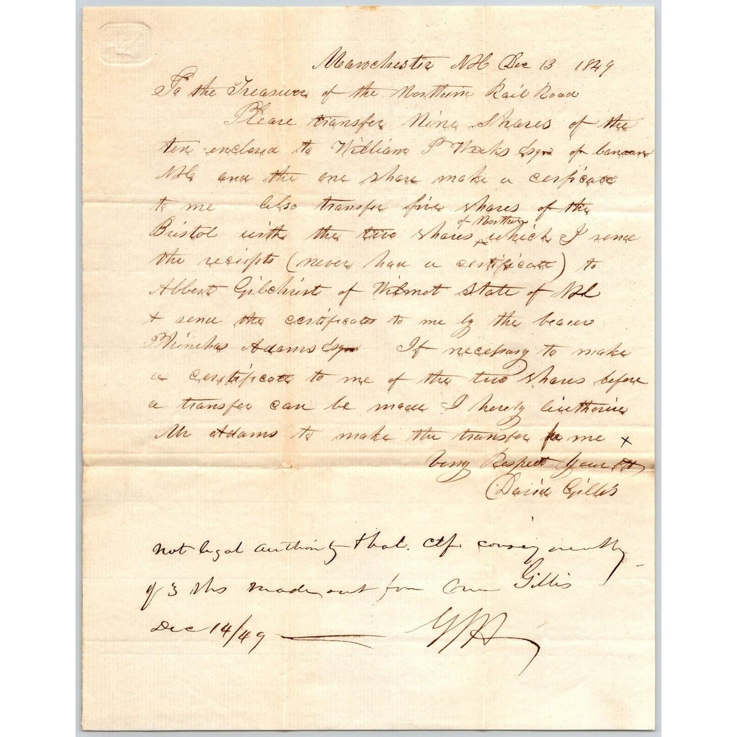 1849 ALS Daniel Gillis Letter to the Treasurer "Mountain Railroad" re: Shares