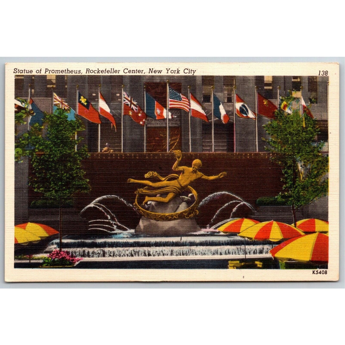 Vintage Linen Postcard Prometheus, Rockefeller Center, NYC Unposted VGC