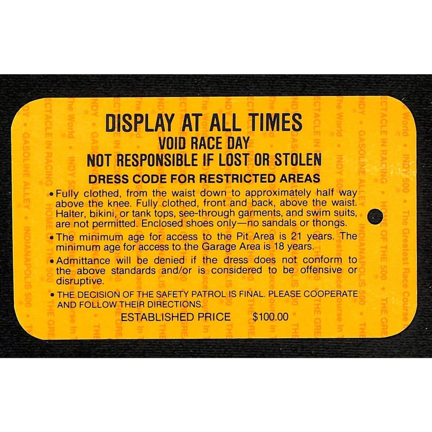 1993 Indy 500 Season Gate / Garage Ticket Pass - Indianapolis IMS #1682 VGC