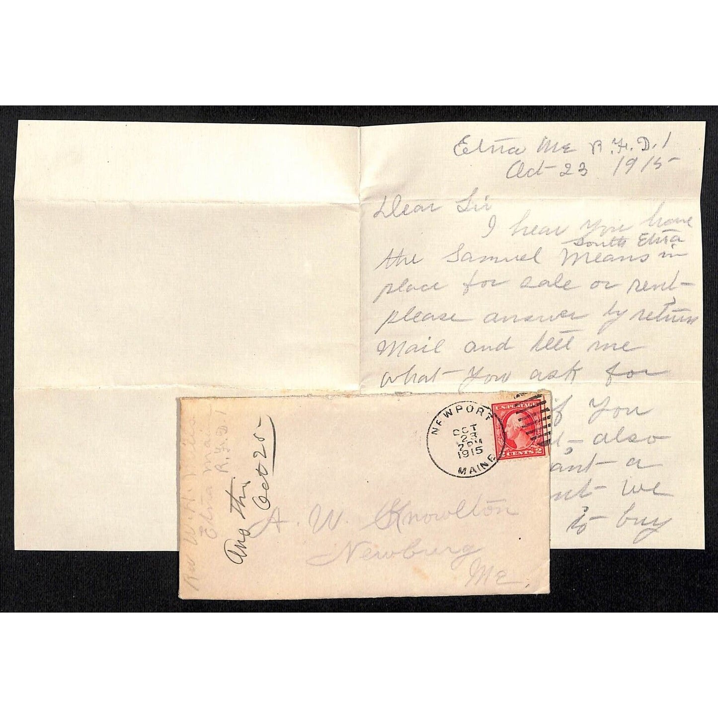Newburgh ME Amos W. Knowlton* 1915 Rev. Wm. H. Mills ALS re: Real Estate