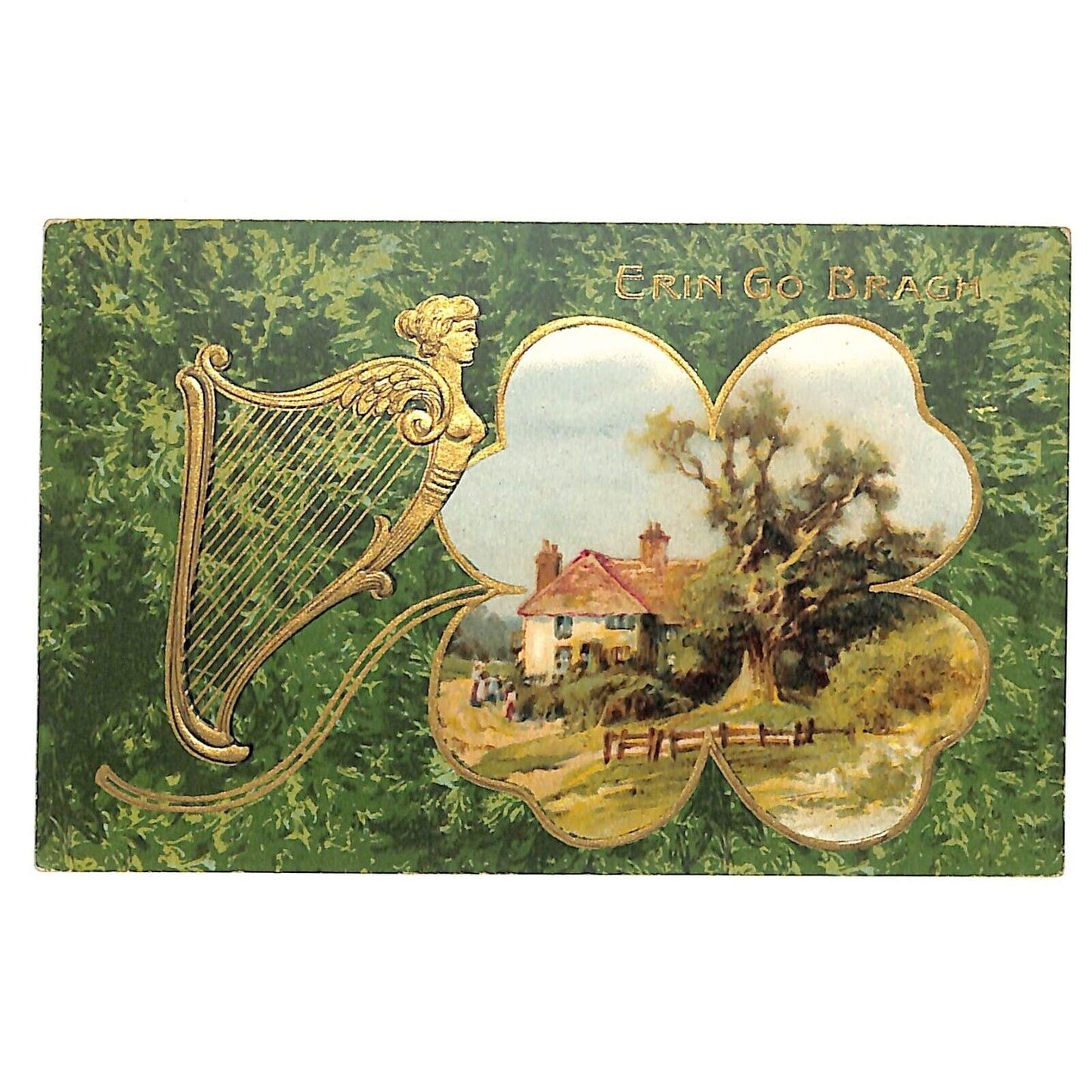 Ireland Postcard "Erin Go Bragh" Harp Gilt Clover Home Scene Embossed PM 1909