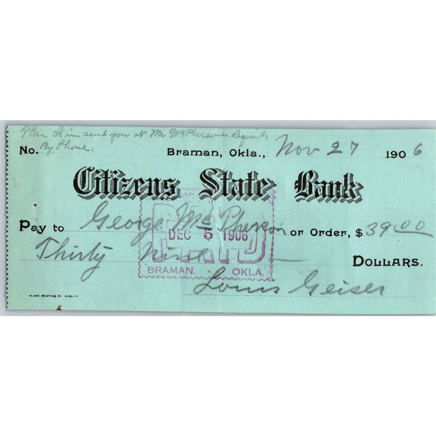 Braman, OK 1906 Territorial Citizens State Bank Check - Scarce