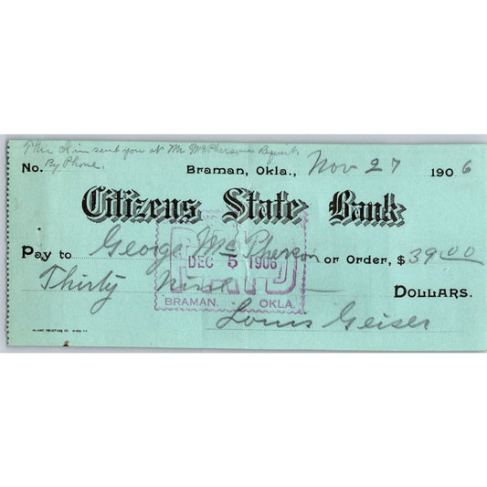 Braman, OK 1906 Territorial Citizens State Bank Check - Scarce