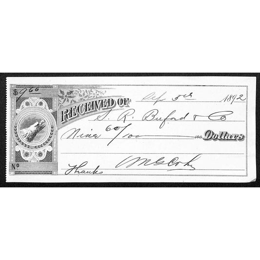 Butte / Virginia City Montana S.R. Buford 1892 Payment Receipt