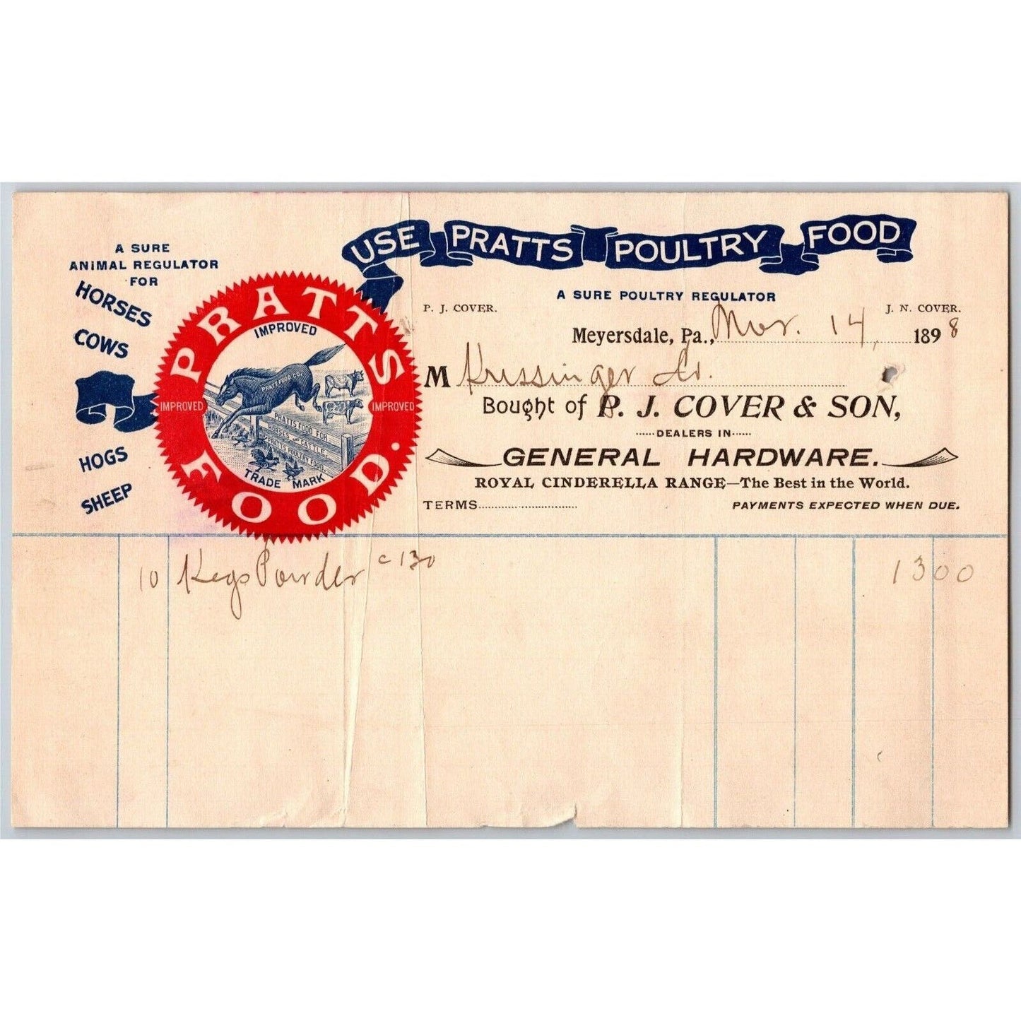 Meyersdale, PA Letterhead P.J. Cover & Son / Pratts Poultry Food w/ Horse 1898