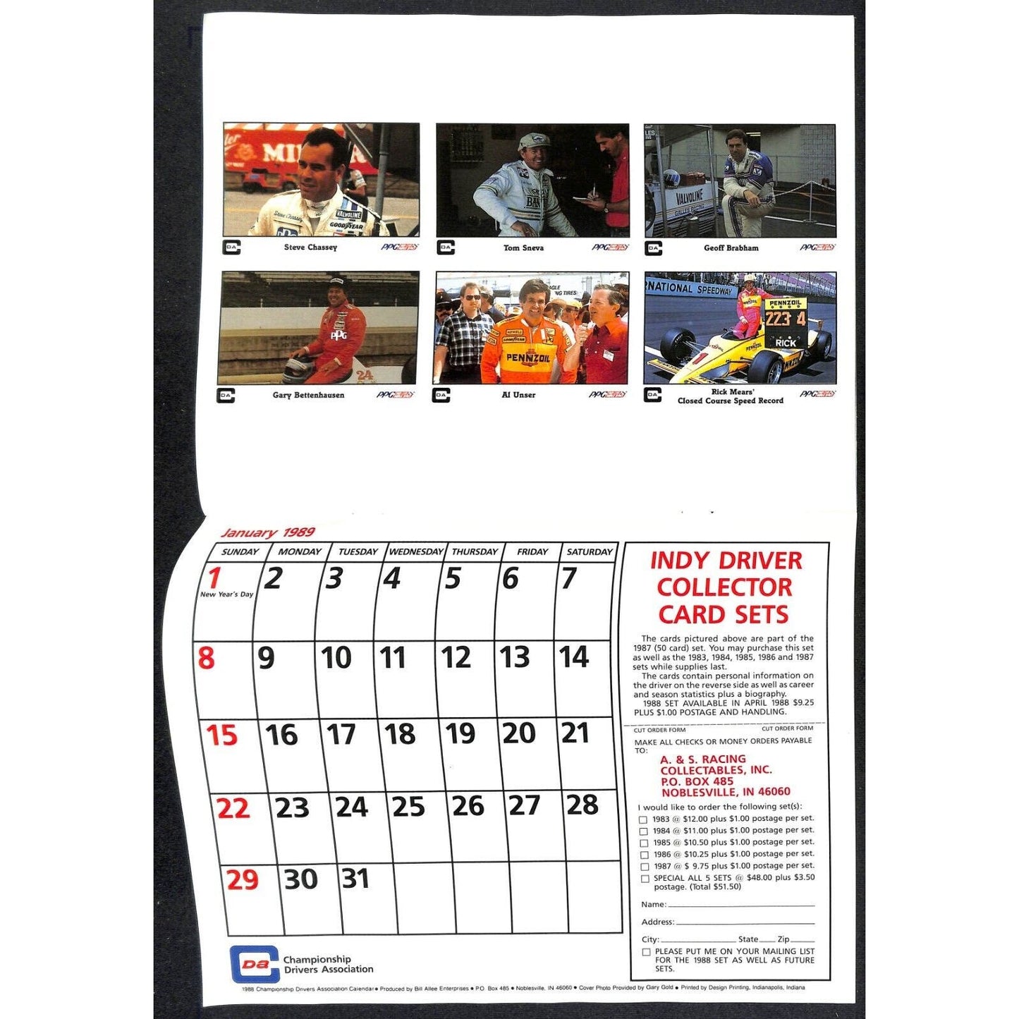 1988 Indy 500 PPG CDA Championship Drivers Assoc. Calendar w/ Bobby Rahal