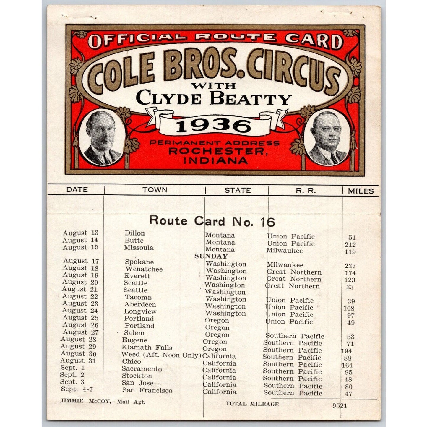 1936 Cole Bros with Clyde Beatty Circus Route Card MT WA OR OK CA