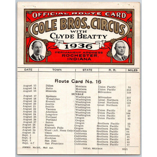 1936 Cole Bros with Clyde Beatty Circus Route Card MT WA OR OK CA