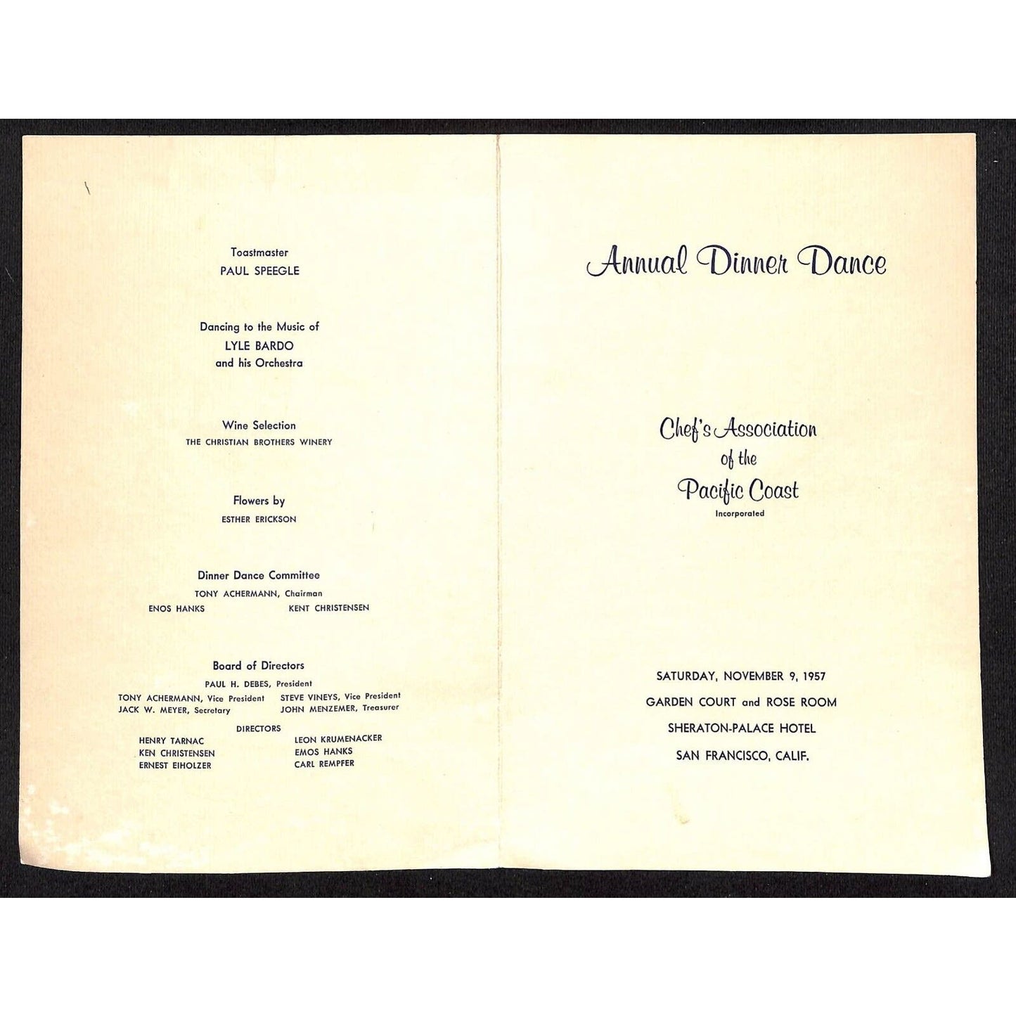 Chef's Association of the Pacific Coast 1957 Annual Dinner Dance Menu