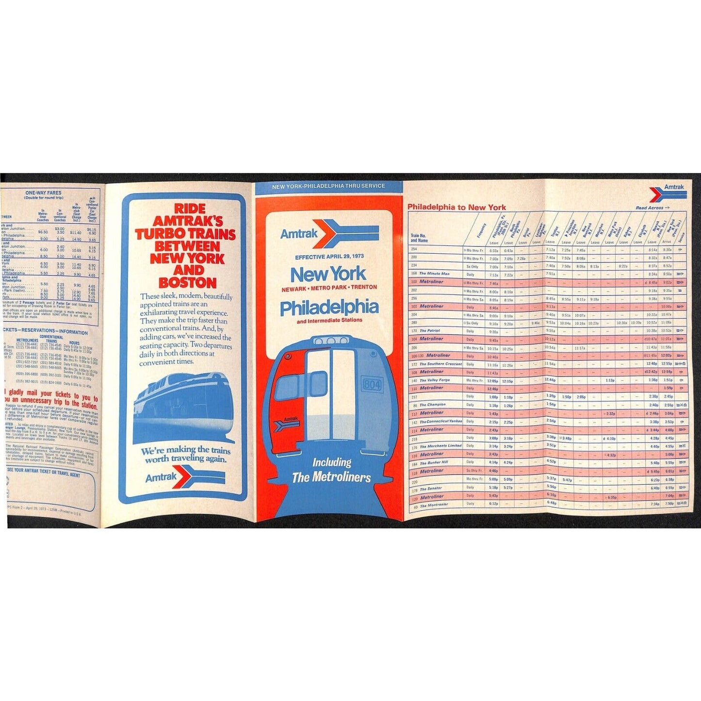 April 1973 Amtrack New York Philadelphia / Metroliners Times Table / Fare VGC