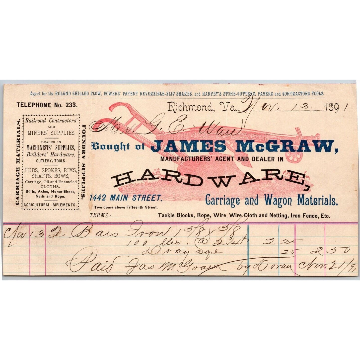 James McGraw Hardware Carriage Letterhead Richmond, VA to: Geo. E. Wear c1891