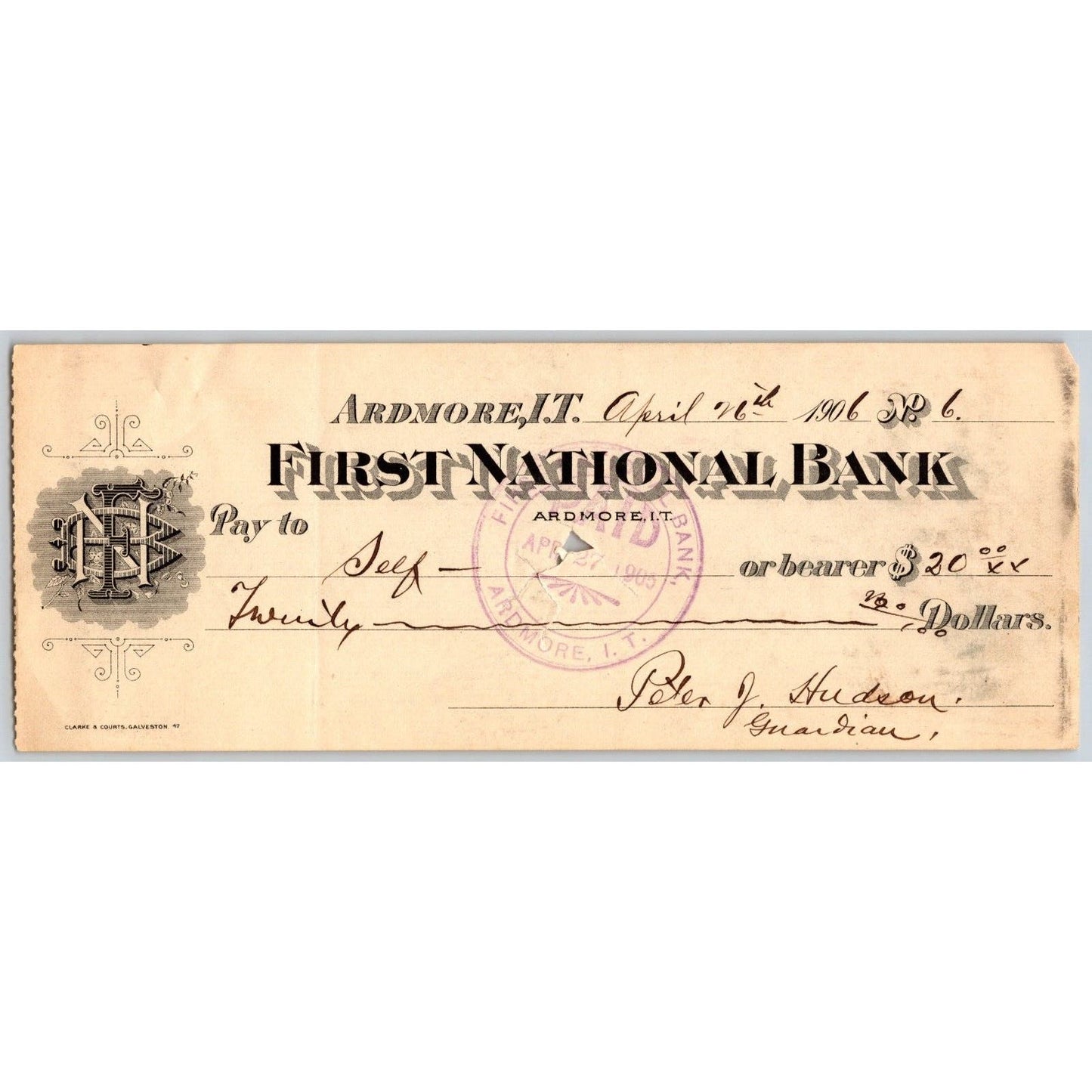 Ardmore, OK 1906 Indian Territory FNB Bank Check $20 - Scarce