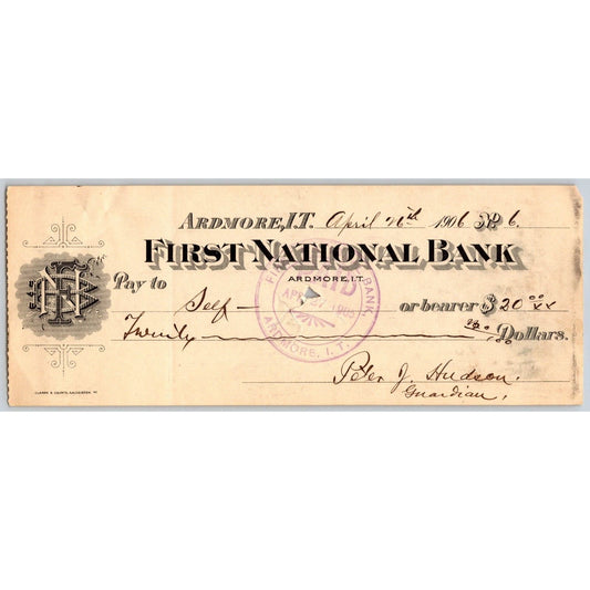 Ardmore, OK 1906 Indian Territory FNB Bank Check $20 - Scarce