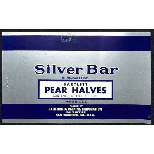 1940 Paper Can Label Silver Bar Brand Bartlett Pear Halves - California Packing