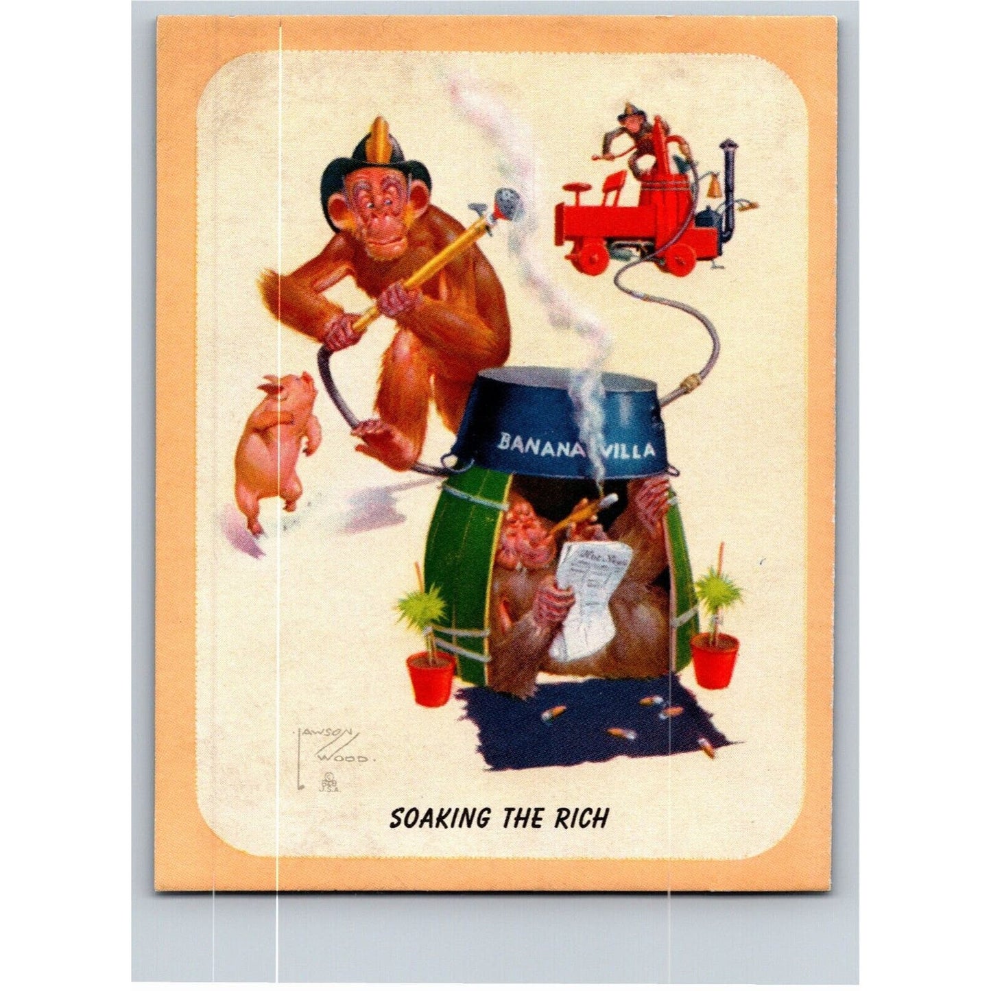 "Soaking the Rich" Small Funny Ink Blotter c1940's-50's Monkey Firemen Truck
