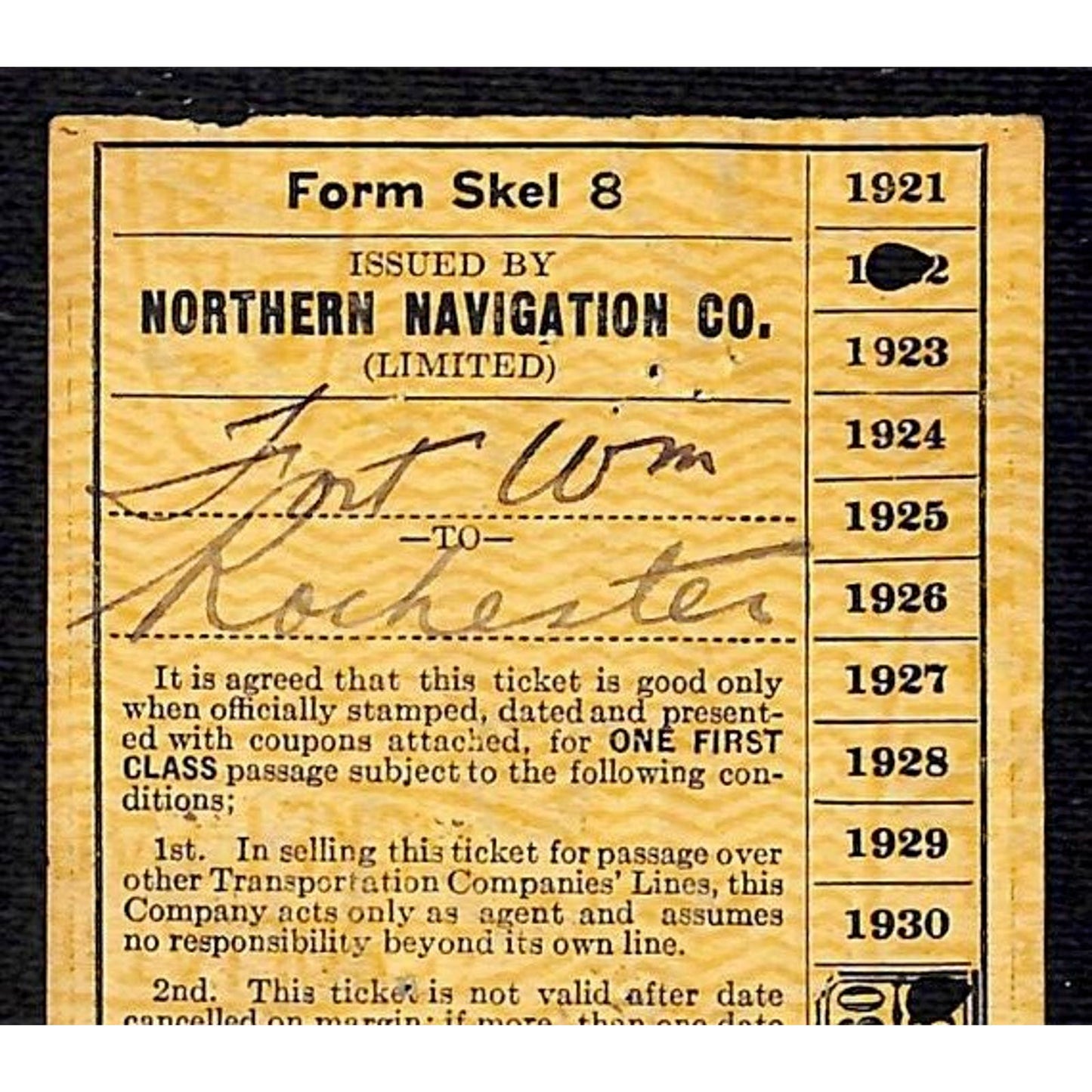 1922 Northern Navigation Co. Railway / Railroad Ticket to Rochester, MINN