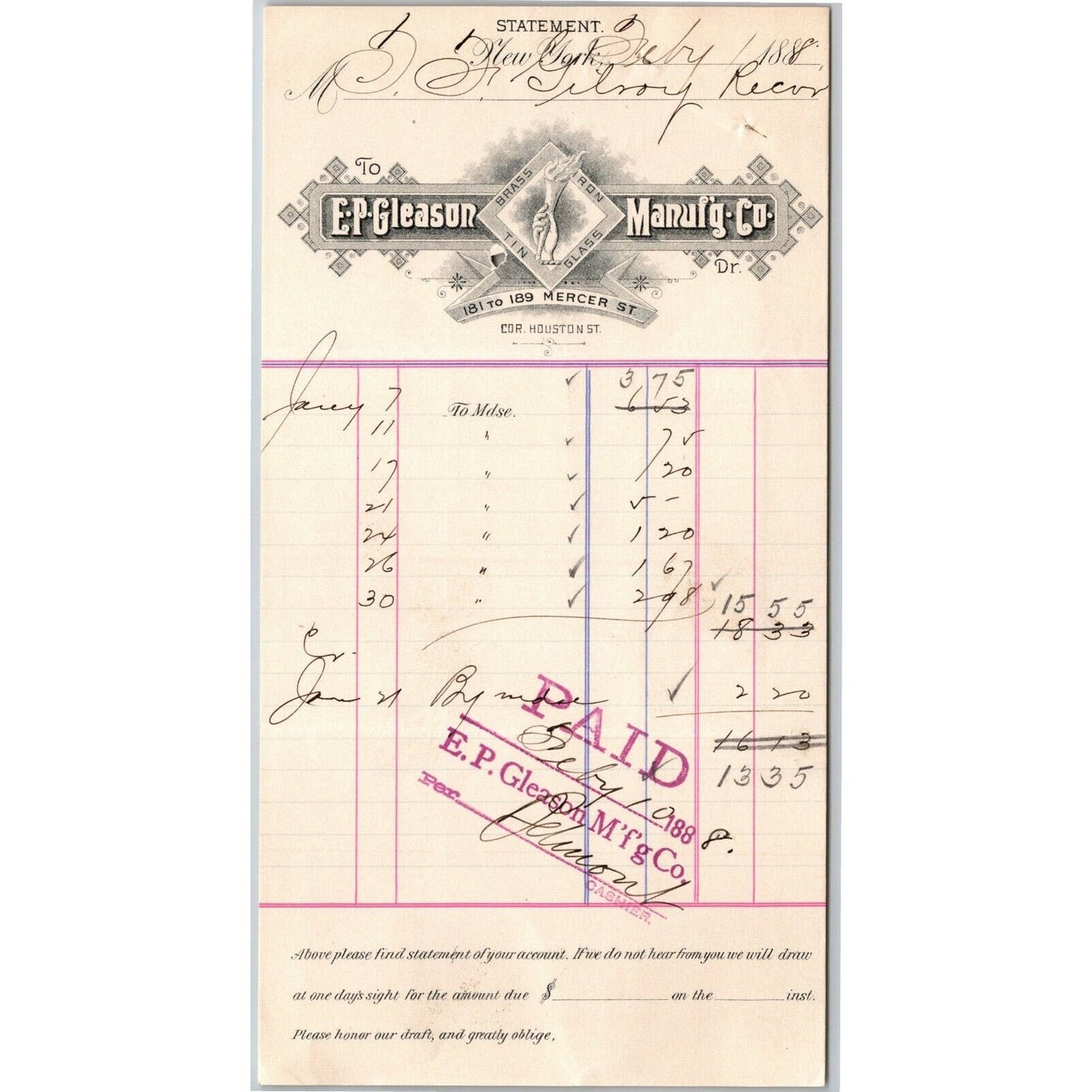 1888 E. P. Gleason Brass Iron Tin Glass Billhead Letterhead Mercer St. NYC