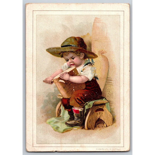 Young Boy (Dangerously) Cuts Into Bread Loaf Victorian Trade Card Ceresota