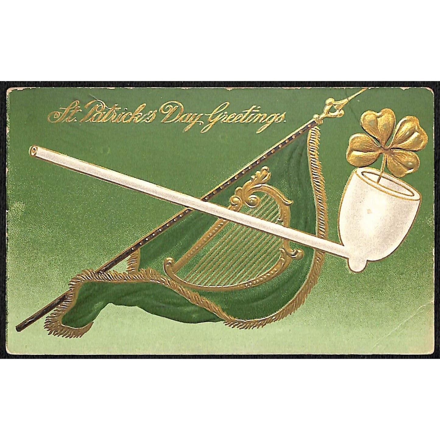 St. Patrick's Day Greetings Postcard Clay Pipe Clover Flag Harp Embossed PM 1909