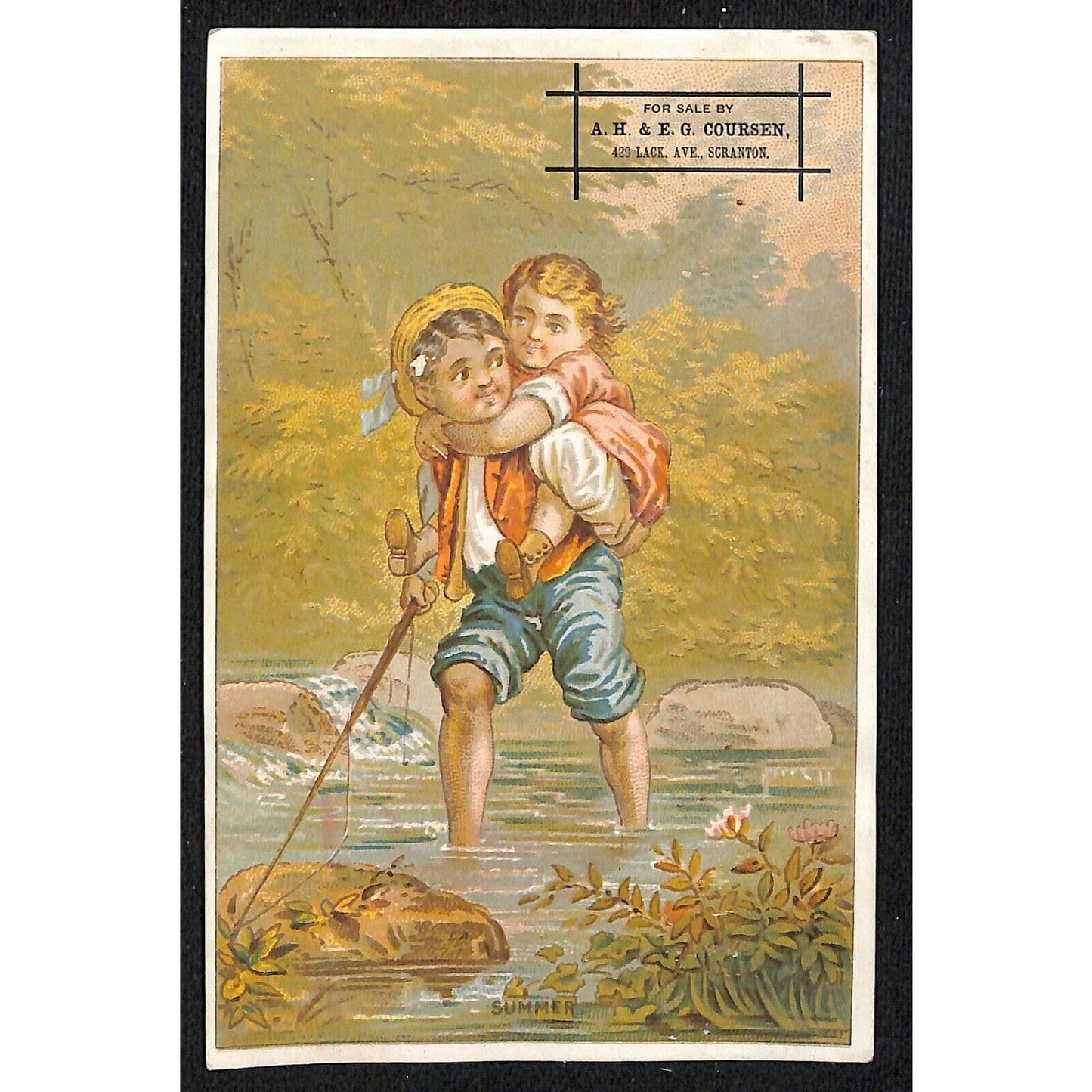 1880-90's Victorian Trade Card A.H. & E.C. Coursen Grocers Scranton, PA Fishing