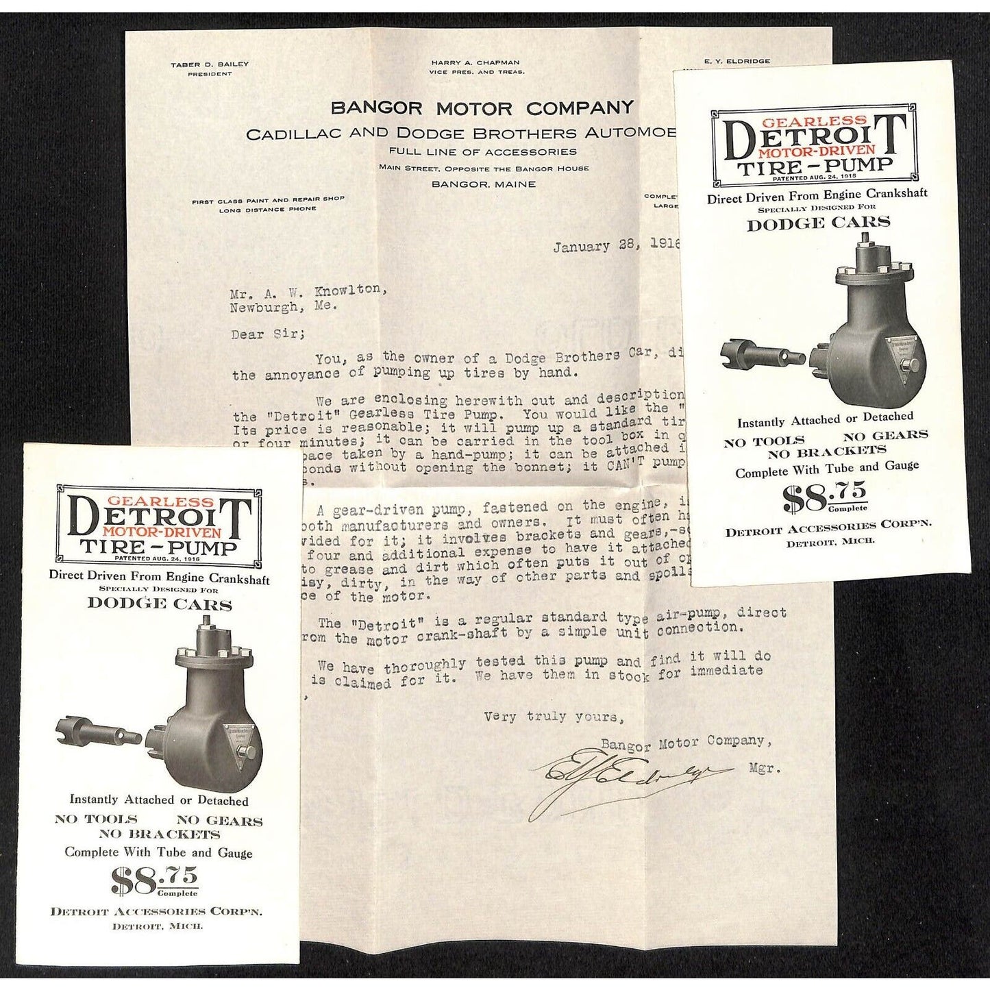 Amos W. Knowlton* 1916 Bangor Motor Co. Letterhead Detroit Tire Pump Flyers VGC