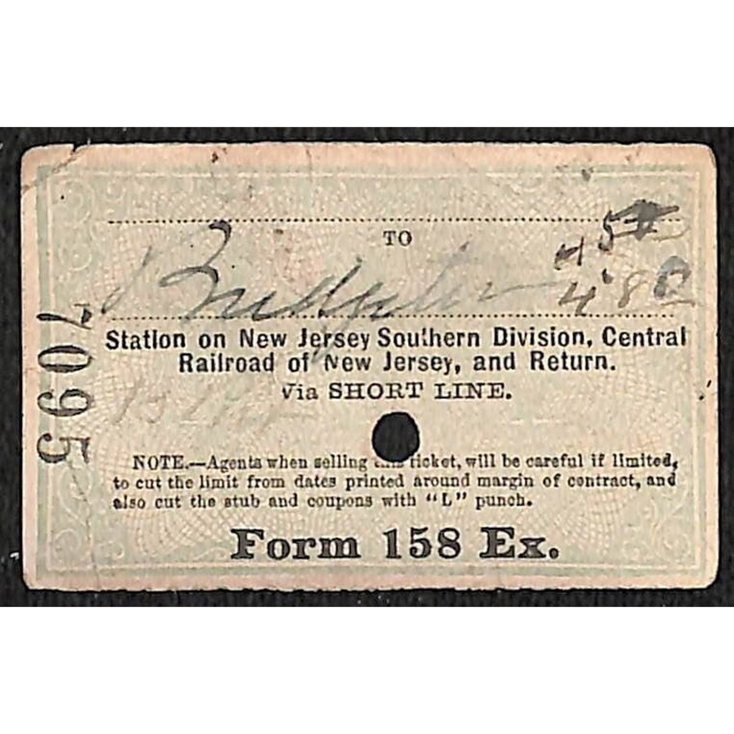 New York & Long Branch Railroad 1897 Ticket N. Asbury Park Brighton ? #7095