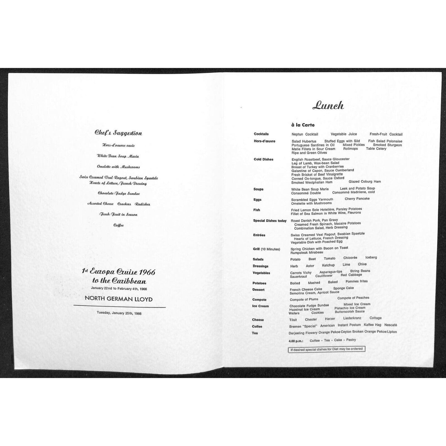 1966 North German Lloyd Europa Cruise Line Lunch Menu Jan 25