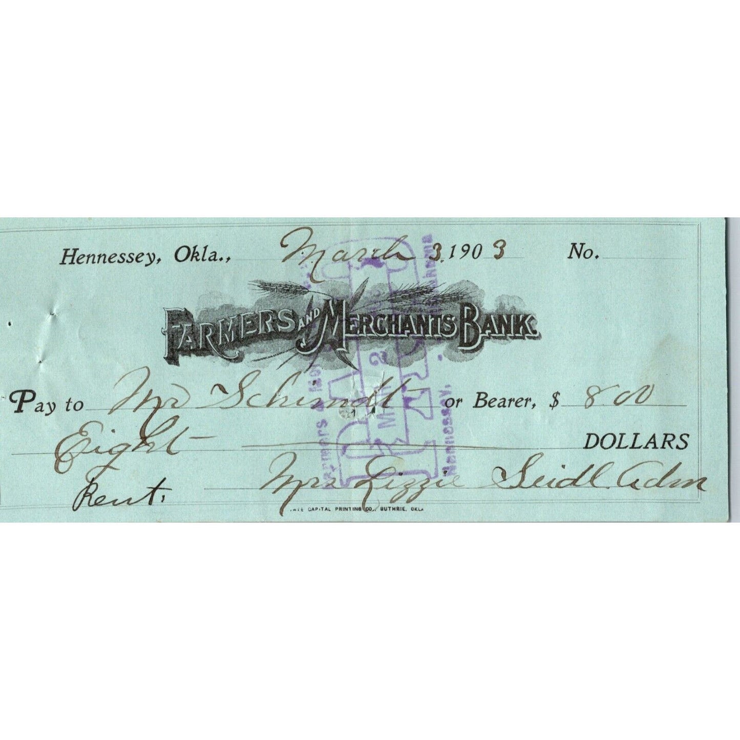 Hennessey Oklahoma Territorial Farmers and Merchants 1903 Bank Check Scarce