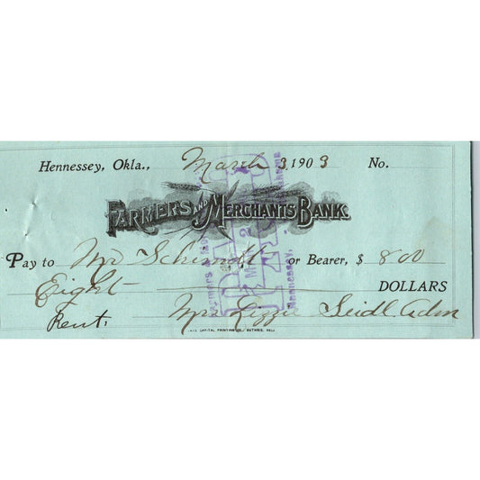 Hennessey Oklahoma Territorial Farmers and Merchants 1903 Bank Check Scarce