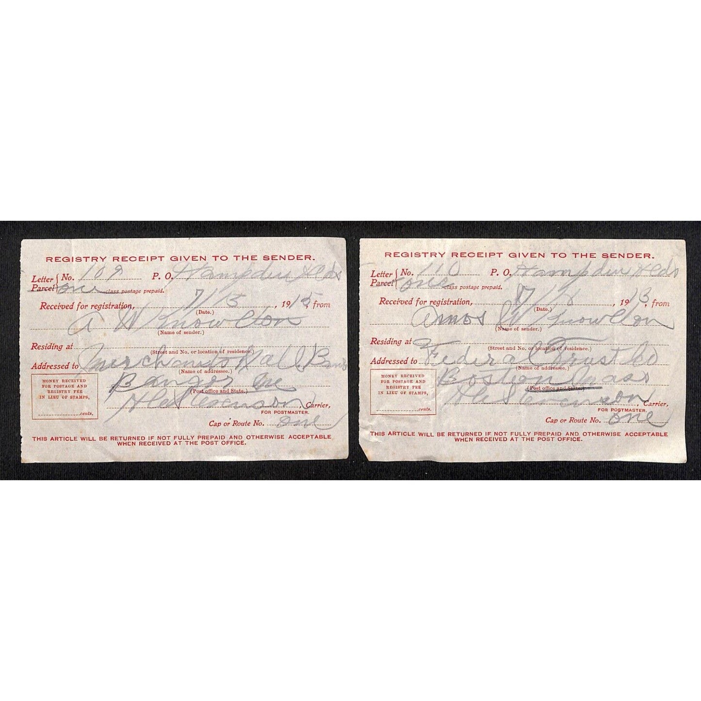 1913-15 "Registry Receipt Given to the Sender" Postal Forms