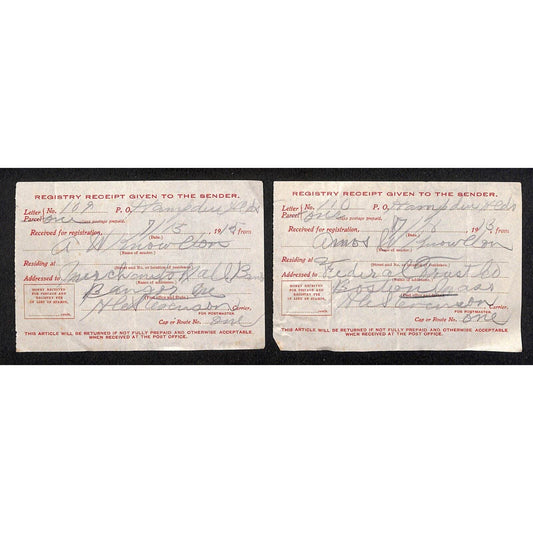1913-15 "Registry Receipt Given to the Sender" Postal Forms