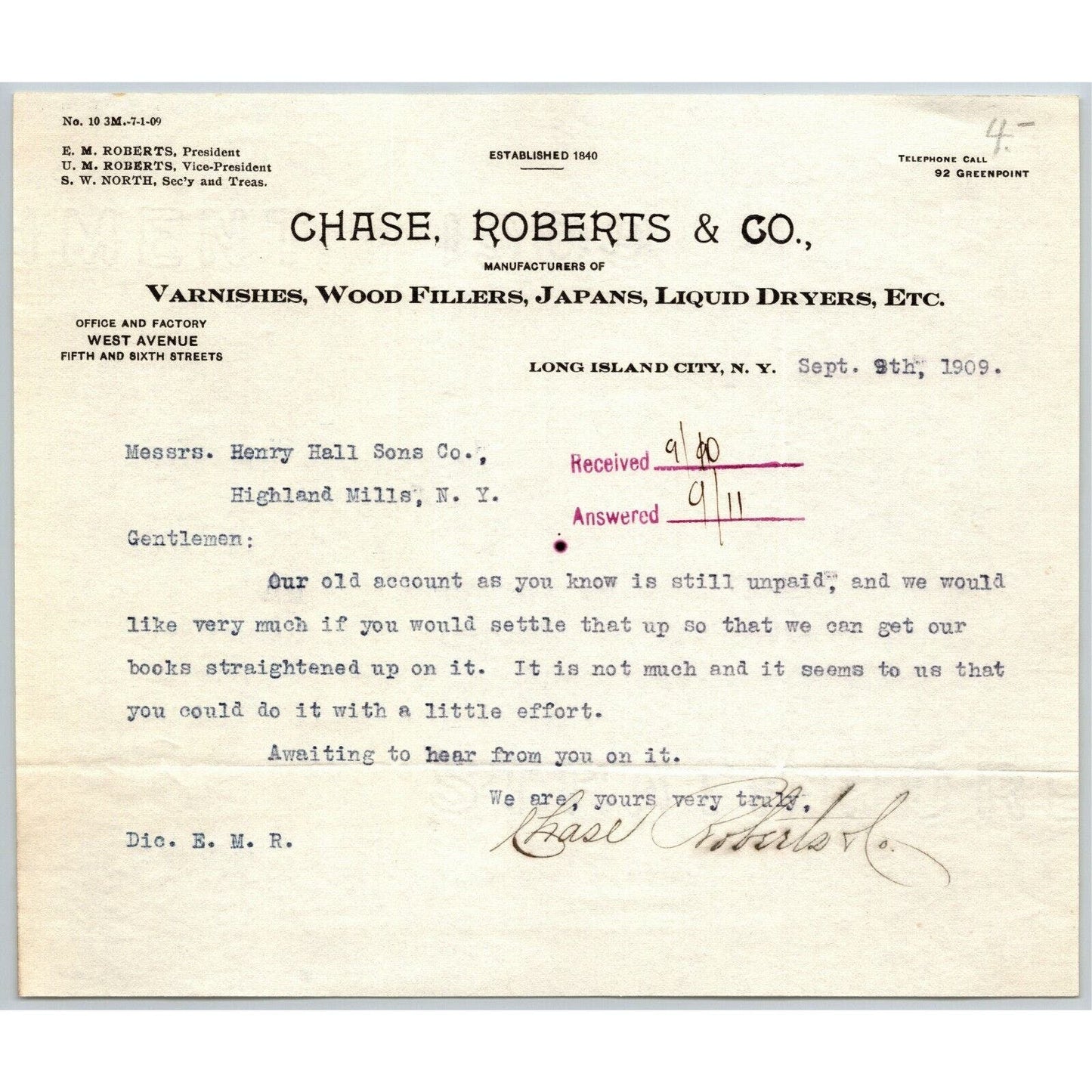 Long Island City NY Billhead Letterhead 1909 Chase, Roberts & Co. Varnish
