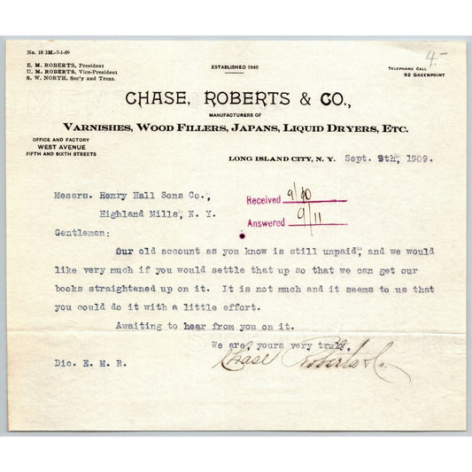 Long Island City NY Billhead Letterhead 1909 Chase, Roberts & Co. Varnish