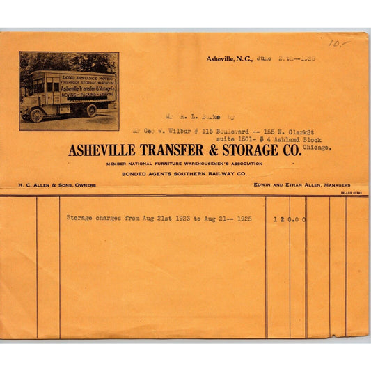 1925 Asheville, NC Letterhead Transfer & Storage Co. Real Photo Moving Truck