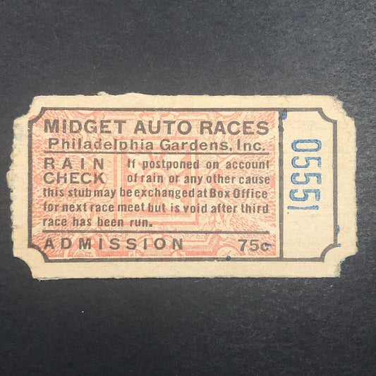 Midget Auto Racing Ticket Philadelphia Gardens 1940 Rain Check Jimmy Storm
