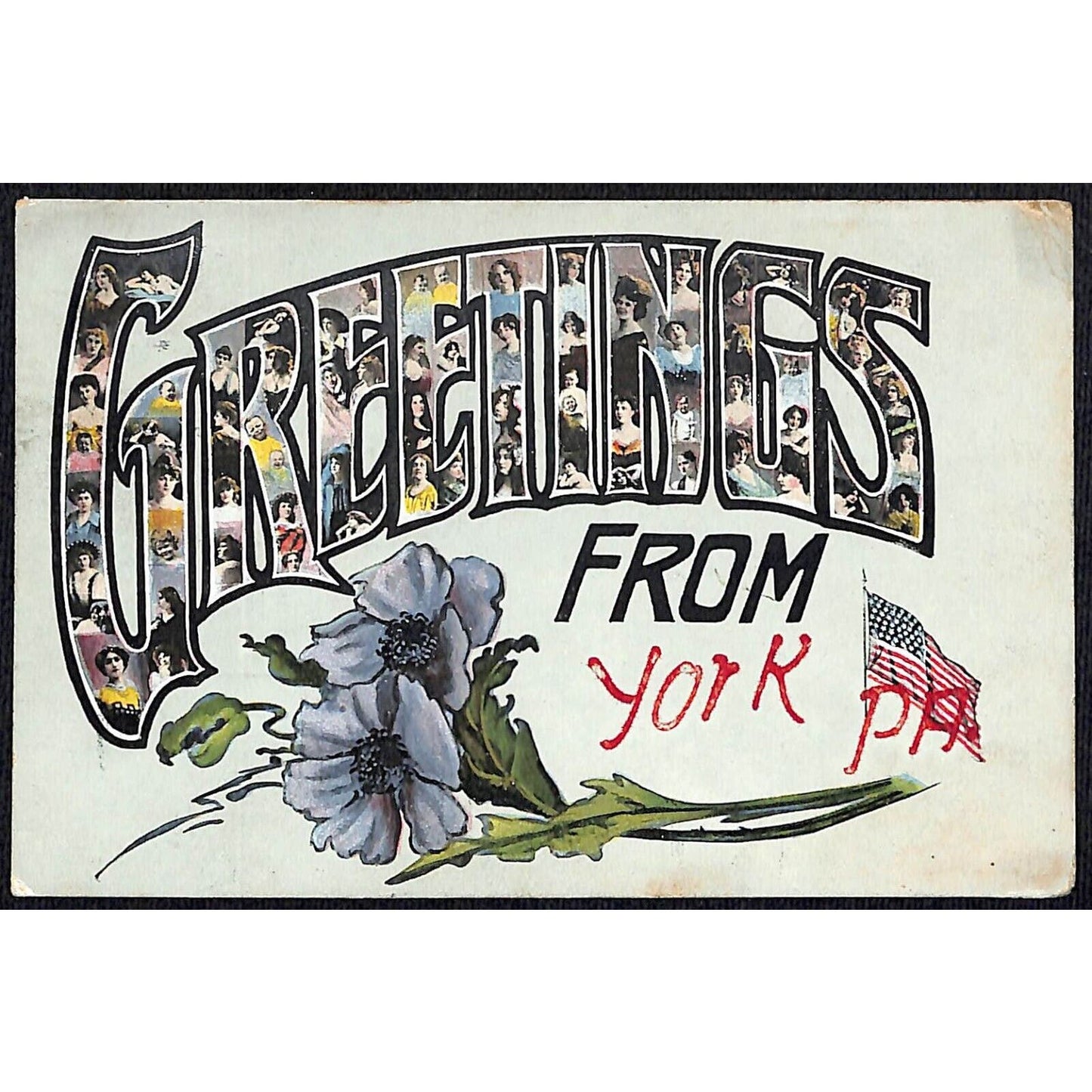 Greetings From York, PA Large Letter Postcard PM 1908 w/ Flag