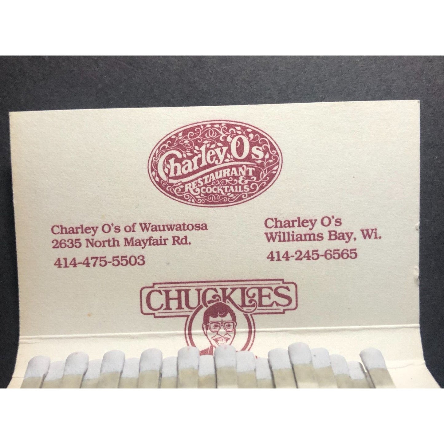 Wauwatosa Charlie O's Restaurant Mostly Full (-6) Matchbook c1980's-90's Scarce