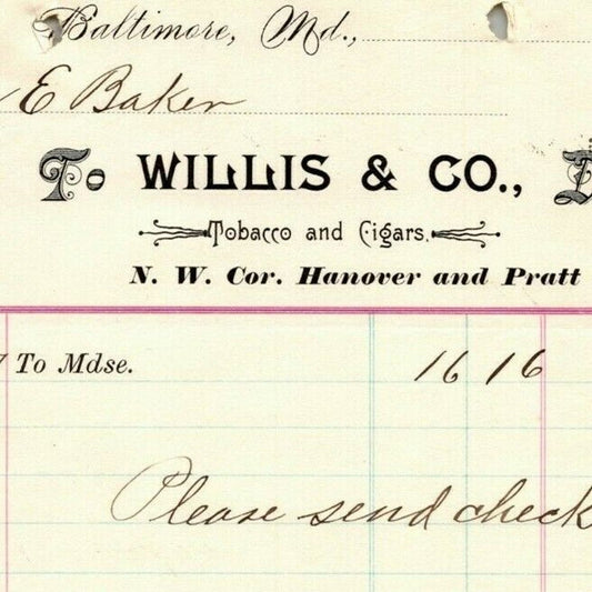 1897 Letterhead Billhead Willis & Co. Tobacco Cigars Baltimore Ephraim Baker*