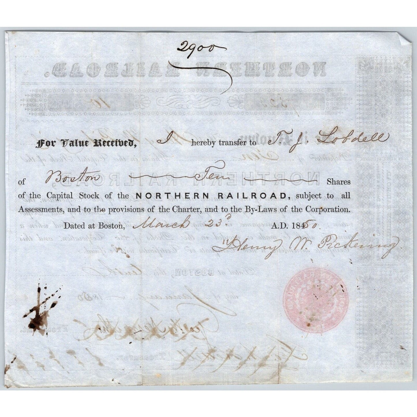 1850 Boston, MA Northern Railroad Stock Certificate No. 7523 for 10 Shares